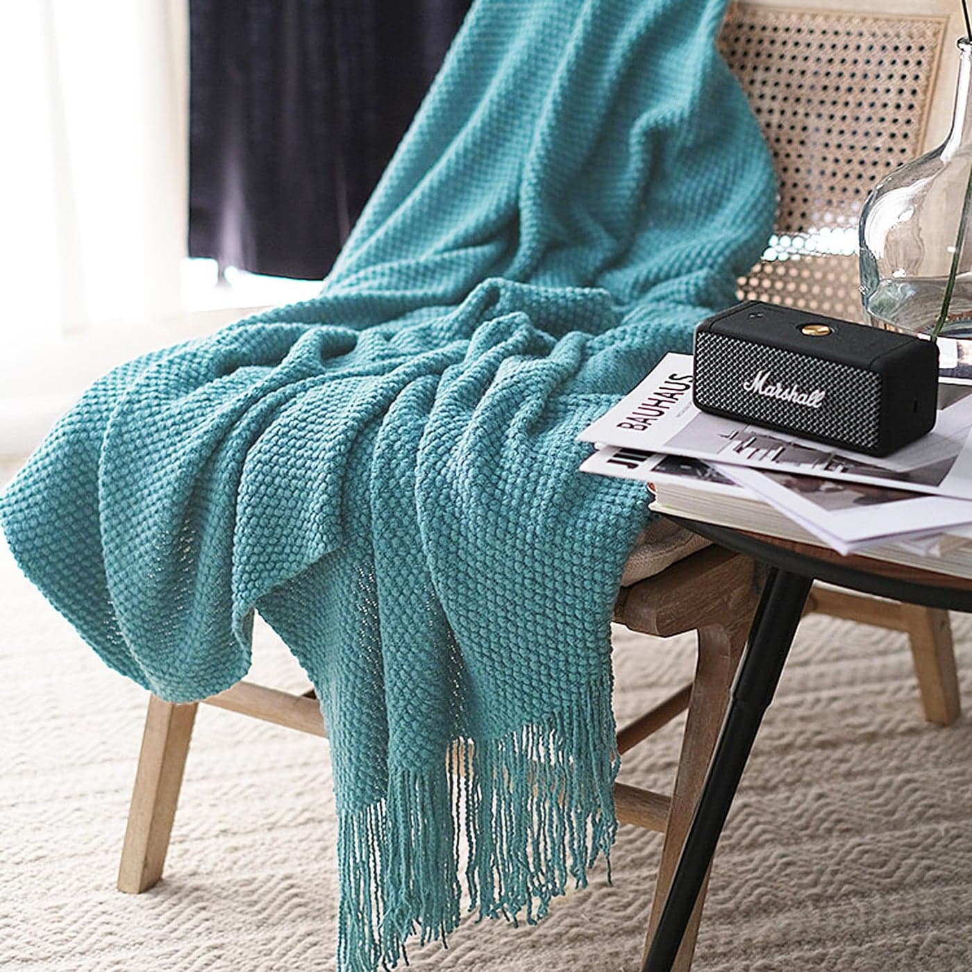 LOMAO Knitted Throw Blanket with Tassels Bubble Textured Lightweight Throws for Couch Cover Home Decor Lake Blue 50x60