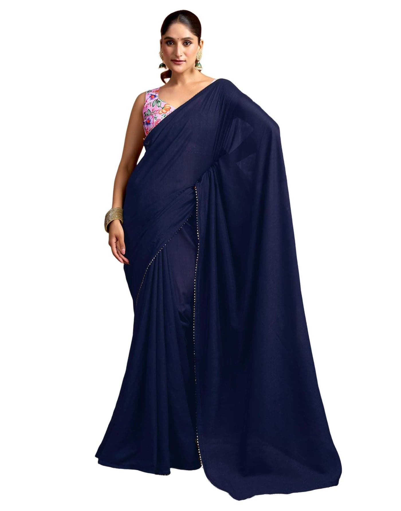 SIRIL Women's Vichitra Silk Plain Saree with Unstitched Blouse Piece (4505S192_Navy Blue)