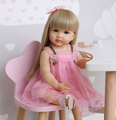 RXDOLL Reborn Baby Dolls Full Body Silicone Vinyl Girl 22 inch 55 cm Realistic Lifelike Toddlers Newborn Baby Doll Waterproof with Blond Long Hair Pink Dress for Girls Birthday
