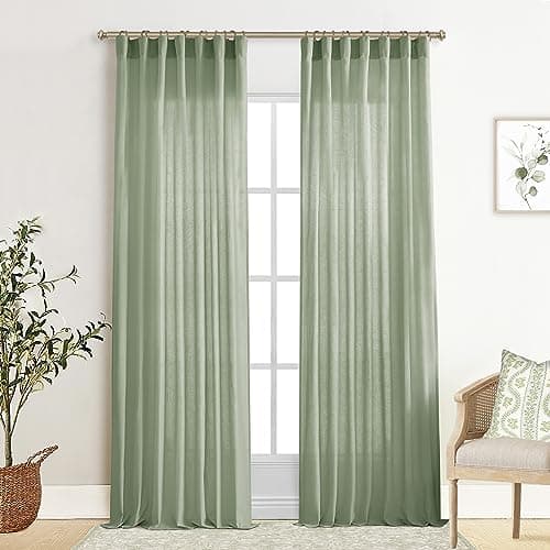 XTMYI Sage Green Curtains 84 Inches Long for Living Room,Window Coverings 60-70% Heat Blocking Hooks Pleated Back Tab Linen Summer Curtains for Bedroom,84 Inch Length 2 Panels Set,Light Green