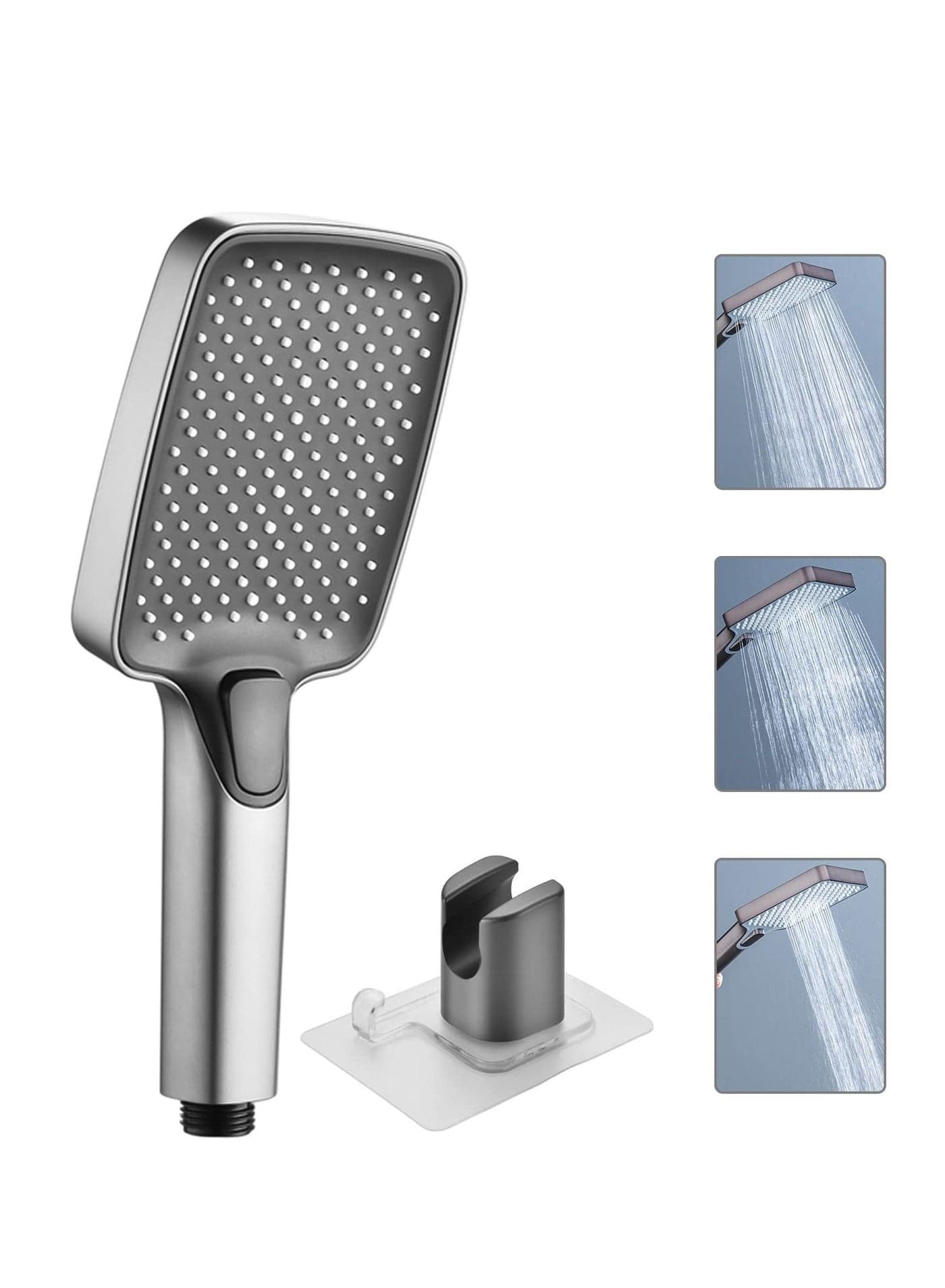 Square Shower Head Holder Set Chrome Plated with 3 Spray Settings High Pressure and Water-saving Adhesive