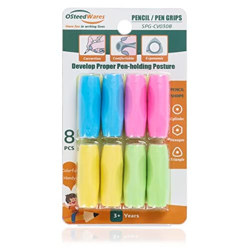 OSteed Ergonomic Pencil Grips Silicone 8 Pcs for Kids and Adults Handwriting, Gel Pen Grips with 3 Concaves, 1 Pack 4 Colors