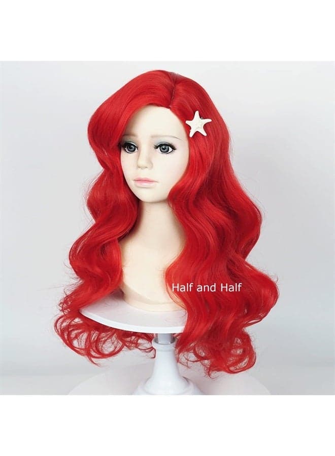 Little Mermaid Wig for Girls Kids 21-Inch Long Red Curly Wig Mermaid Kid Wave Wigs with Starfish Hair Clip for Halloween Costume Party