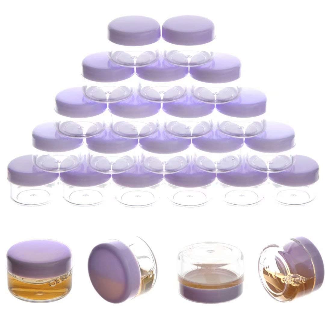 ZEJIA 5 Gram Sample Containers with Lids, Mini Makeup Containers, Empty Plastic Travel Cosmetic Containers with Labels(25 Count, Purple Lid)