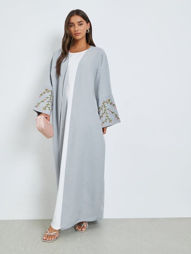 Grey Front Open Abaya with Embroidery