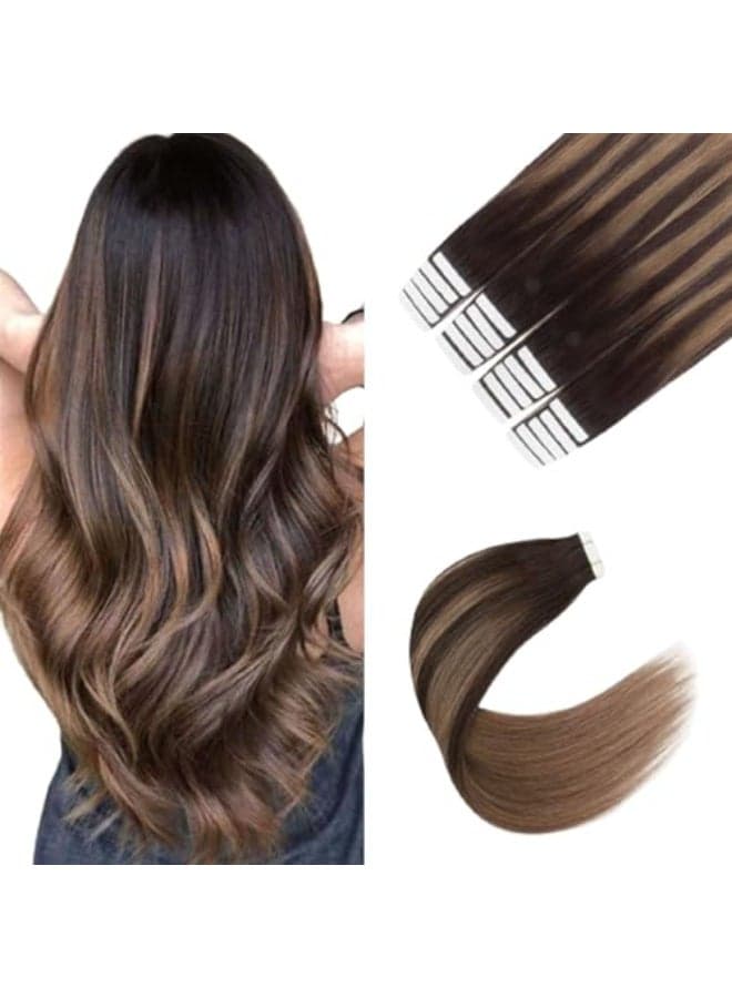 Sixstarhair Tape In Human Hair Extensions Balayage Tape in Extensions Dark Brown Fading to Chestnut Brown Remy Human Hair Ombre Hair Extensions and Piano Colors Color B26 14inch