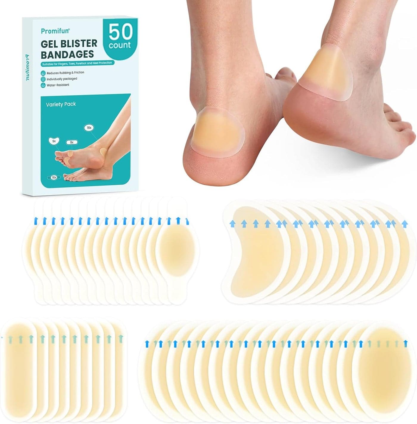 Blister Bandages Blister Pads 50 ct Blister Cushions Water Resistant Hydrocolloid Bandages for Foot Toe Heel Gel Blister Bandages for Prevention Recovery Variety Pack