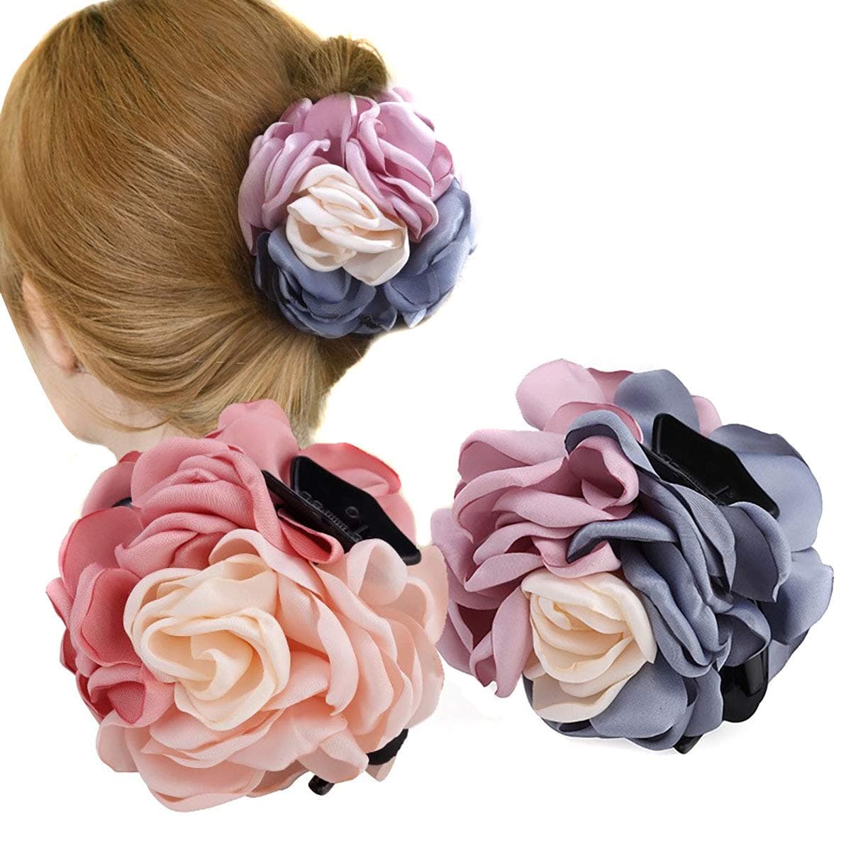 Fodattm 2PCS Women Flower Hair Clips Hair Claw Elegant Beauty Ribbon Jaw Clip Headwear Hair Jewelry PinkPurple