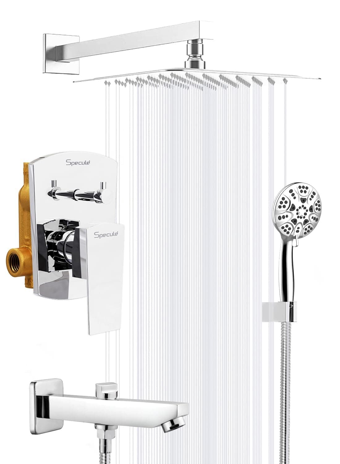 Specule Kubix Prime Brass Concealed Body High Flow Diverter Set For Bathroom With 8x8 Wall Mount Showers and Bath Tub Spout High Flow Diverter Bathroom Mixer Chrome