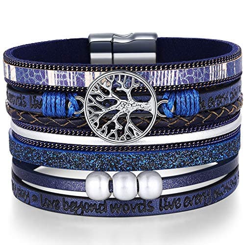Desimtion Blue Leather Bohemian Wrap Bracelets for Women Boho Buckle Stacking Multilayer Wide Layered Inspirational Family Tree of Life Bracelets for Women Mom Teen Girls Grandma
