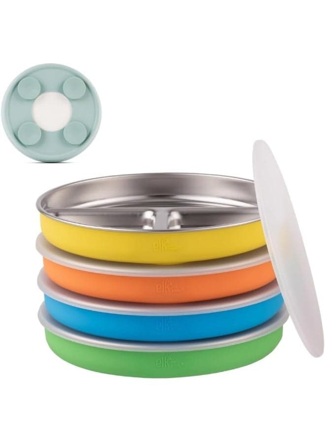 Elk and Friends Stainless Steel Divided Plates with Silicone Sleeve for Babies & Toddlers | Lids Included | Stay Put Suction | Dinner & Snack Plates | 4 Pack