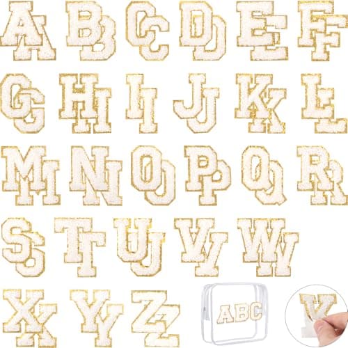 52 Pcs White Chenille Letter Patches Self Adhesive for ClothingAZ Varsity Letter Stickers Embroidered Sew on Repair Patches for Jackets Hats Backpack