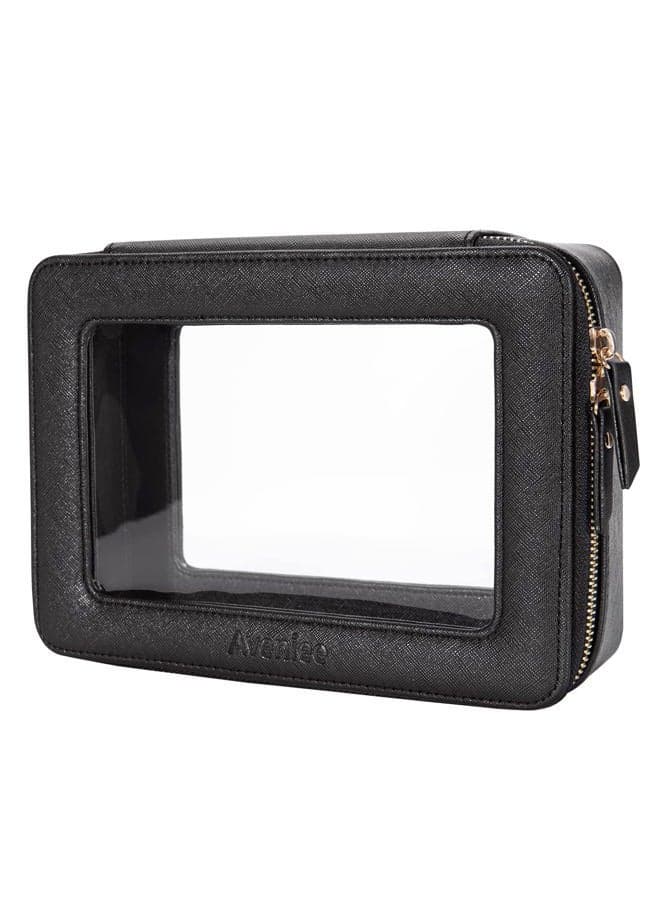 Clear Makeup Bag Organizer, Portable Travel Toiletry Cosmetic Bag Case for Women, Heavy Duty Make Up Pouch with Transparent Vinyl Windows & Gold Zippers(Black)