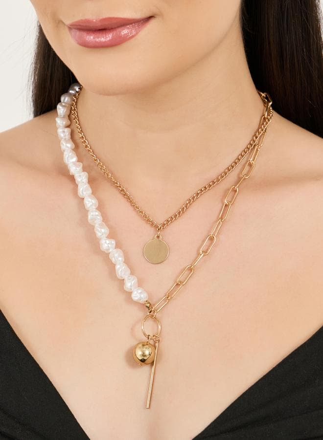Set of 2 - Faux Pearl Accent Chain Necklace