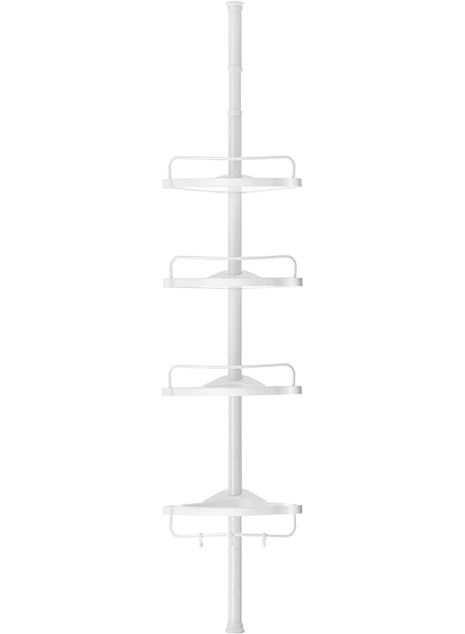 Adjustable Bathroom Corner Shelf, Telescopic Shower Caddy, 85-305 cm, Floor To Ceiling, With 4 Trays, 3 Hooks, White,Bcb001A