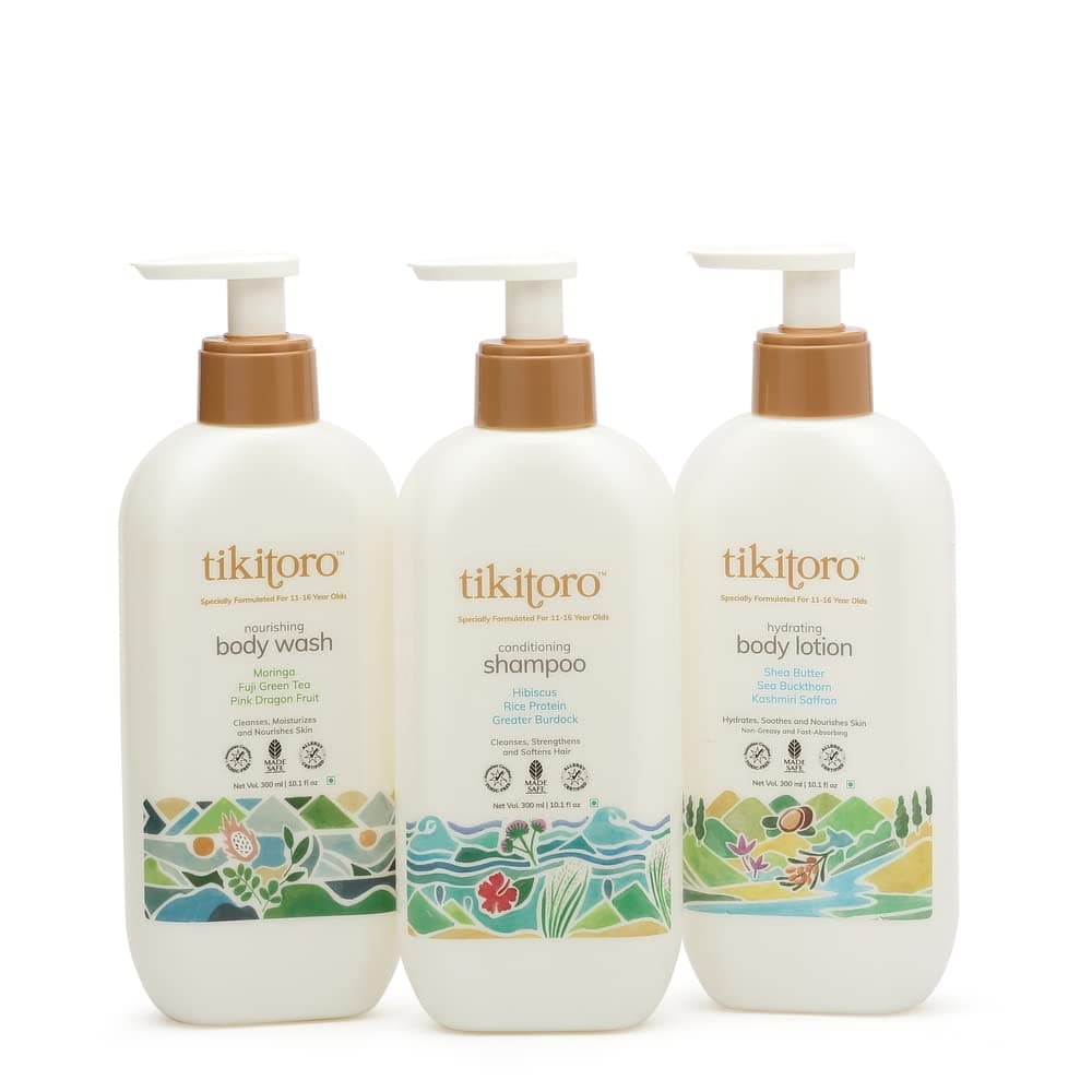Tikitoro Teens Bath And Body Combo Offer Pack 300ml x 3 Nourishing Body Wash Conditioning Shampoo Hydrating Body Lotion Gift Pack For Teens 100 Vegan No Parabens Sulphates Age 11 Years
