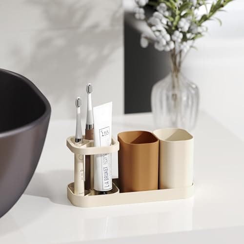 ARHAT ORGANIZERS Toothbrush Holder Set with 2 Cups for Modern Bathroom, Multipurpose Storage Stand for Toothbrush Tongue Cleaner Soap Comb Razor Shaving Kit Toiletries Cosmetics Organizer
