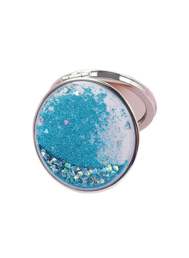 Creative Quicksand Makeup Mirror Double-Sided Portable Compact Glitter Foldable Fashion Hand Mirror Portable Travel Pocket Mirror (Round-Blue)