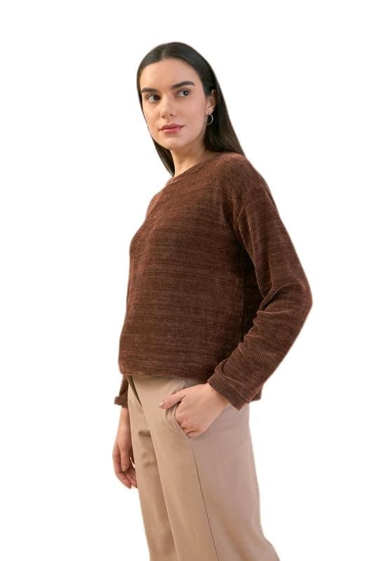 Salt Attire Margo Women's Solid Woolen Sweater - Full Sleeve, Round Neck, Cozy Wool Fabric, The Cozy Closet Collection, Machine Washable, Made in India Brown