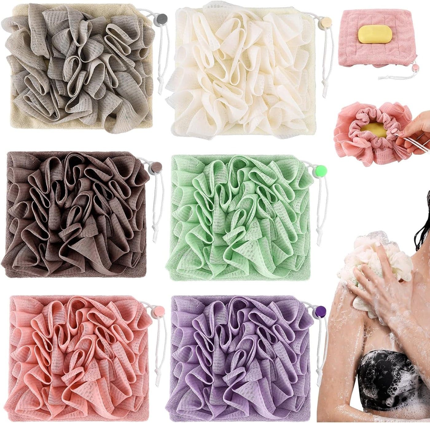 6 Pcs Washcloth Loofah Combo 2 in 1 Bath Loofah Sponge with Drawstring Exfoliation Mesh Shower Puff Ball for Body Wash Cleansing and Smooth SkinMulticolor