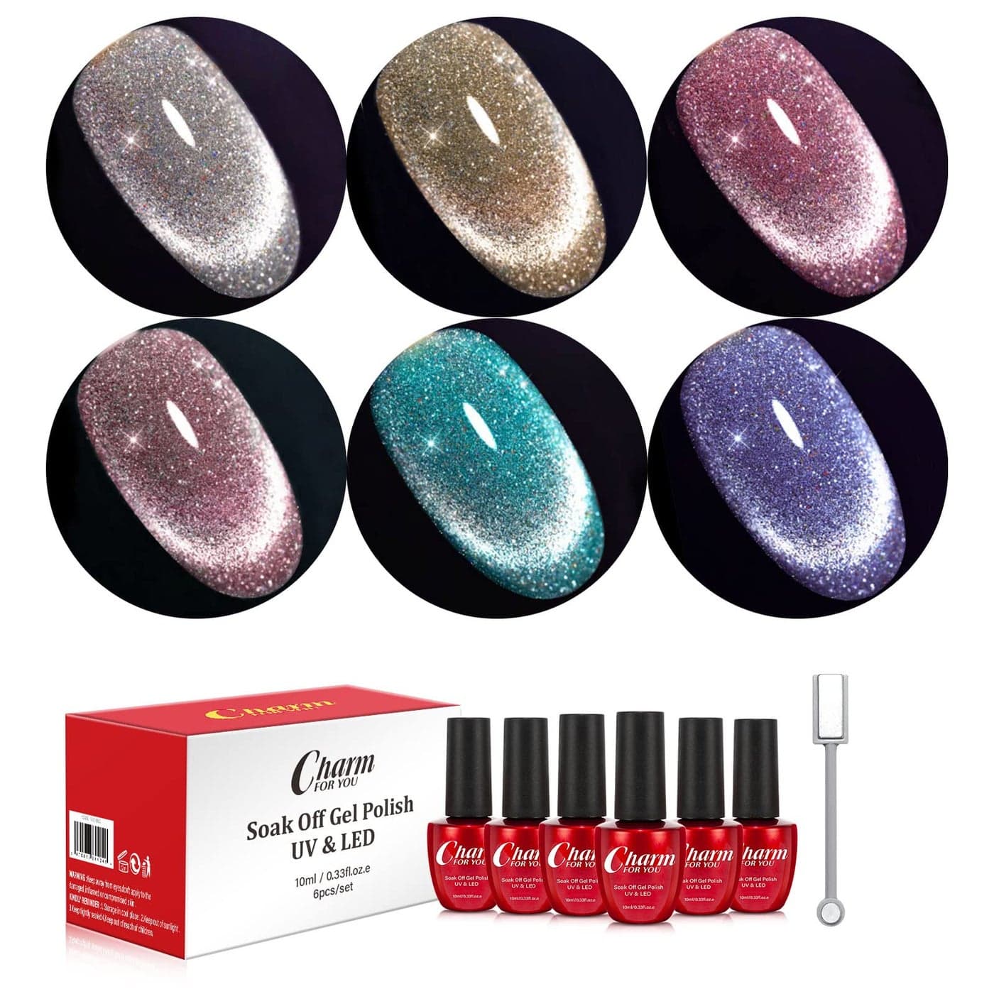 VERONNI Glitter Cat Eye Gel Nail Polish Set6 Colors Gel Polish with Magnet for Reflective AurorasCat Eye GelSalon Gel Manicure and Nail Art DIY at HomeGift for Women