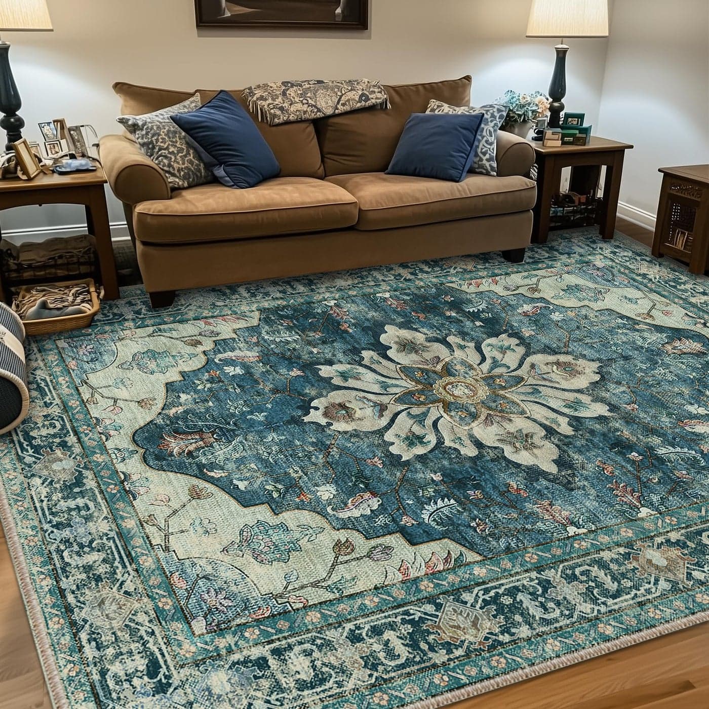 RELEANY Area Rugs 5x7 Washable NonSlip Floral Vintage Distress Print Pattern Medallion Carpet for Living Room Bedroom Dining Room Dark Blue Vintage