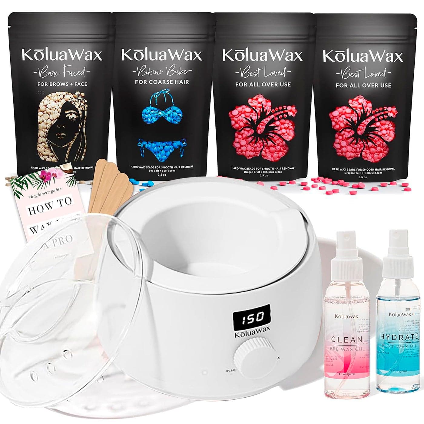 KoluaWax Premium Waxing Kit for Women - Hot Melt Hard Wax Warmer for Hair Removal, Eyebrow, Bikini, Legs, Face, Brazilian Wax - Machine, 4-Pack Beads, Accessories, White