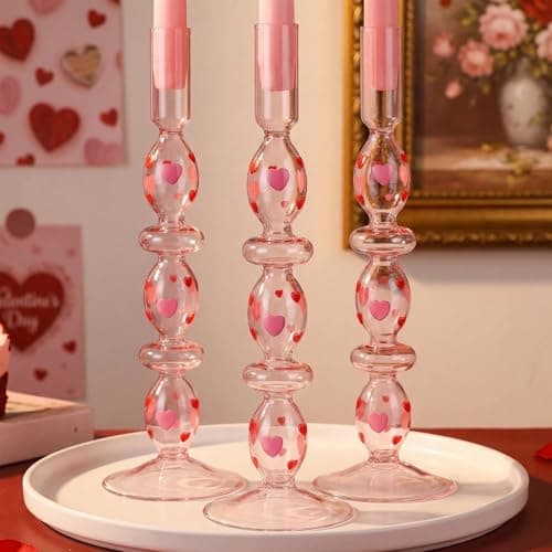 Acellegic 3 Pcs Valentine's Day Candlestick Holder Pink Heart Glass Taper Candle Holders Valentines Home Indoor Decor Table Centerpieces Dinner Party Valentines Galentine Wedding Home Decorations