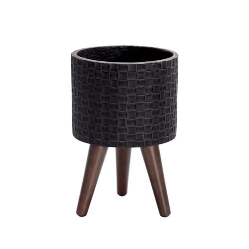 D'vine Dev 8 Inch Modern Geometric Tile Patterned Sleek Planter Pot with Stand, Indoor Outdoor Decorative Plant Holder, Distressed Black, 88-Z-A-5