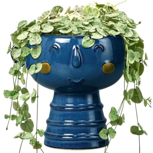 Fivepot Face Planter Pot Head 7 Inch - Cute Ceramic Head Planter for Indoor Outdoor Plants Unique Flower Pot with Drainage Hole Gift Ideas for Christmas Blue
