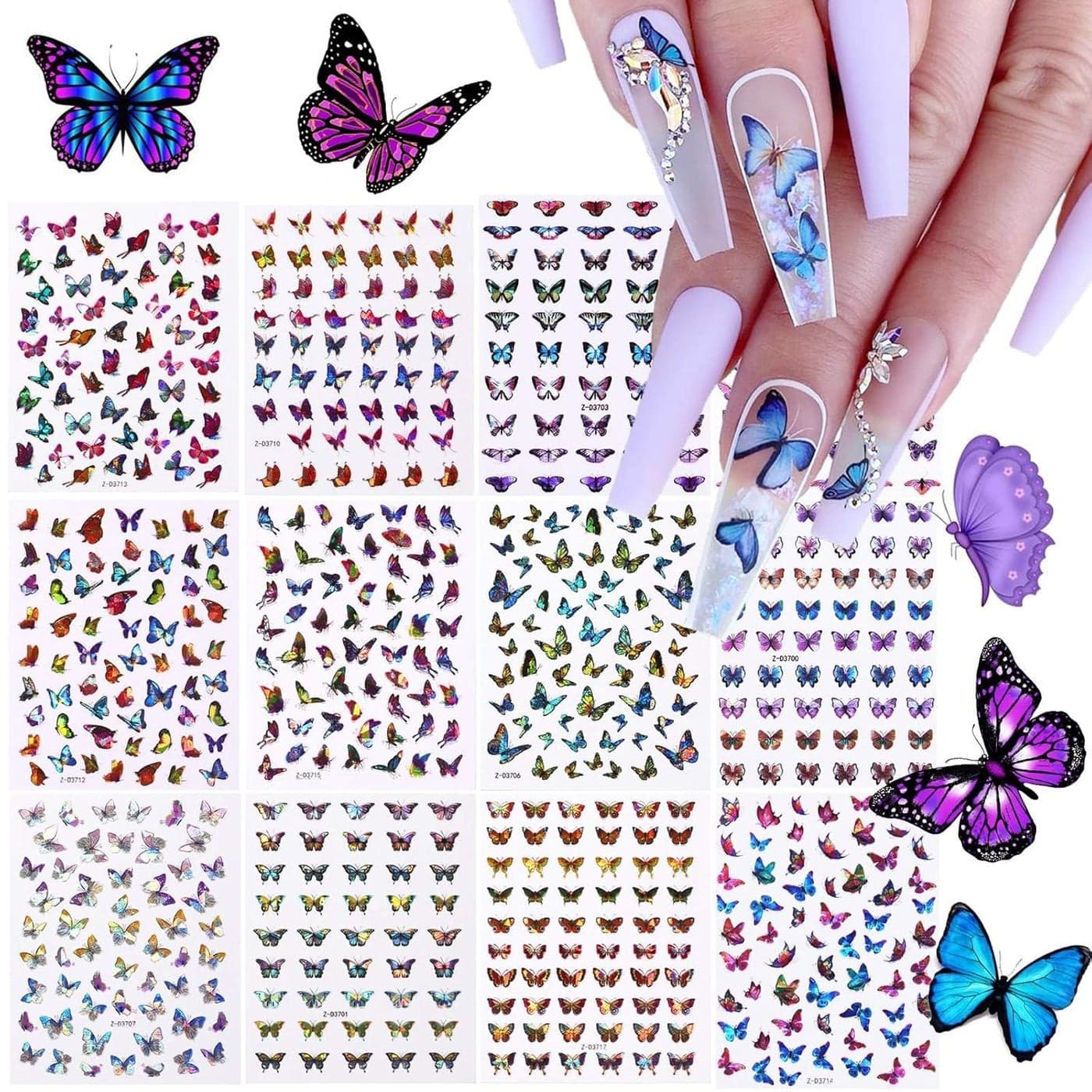 TOROKOM 12 Sheets Butterfly Nail Art Stickers 3D SelfAdhesive Nail Decals with Colorful Laser Butterflies Designs for DIY Manicure Decor