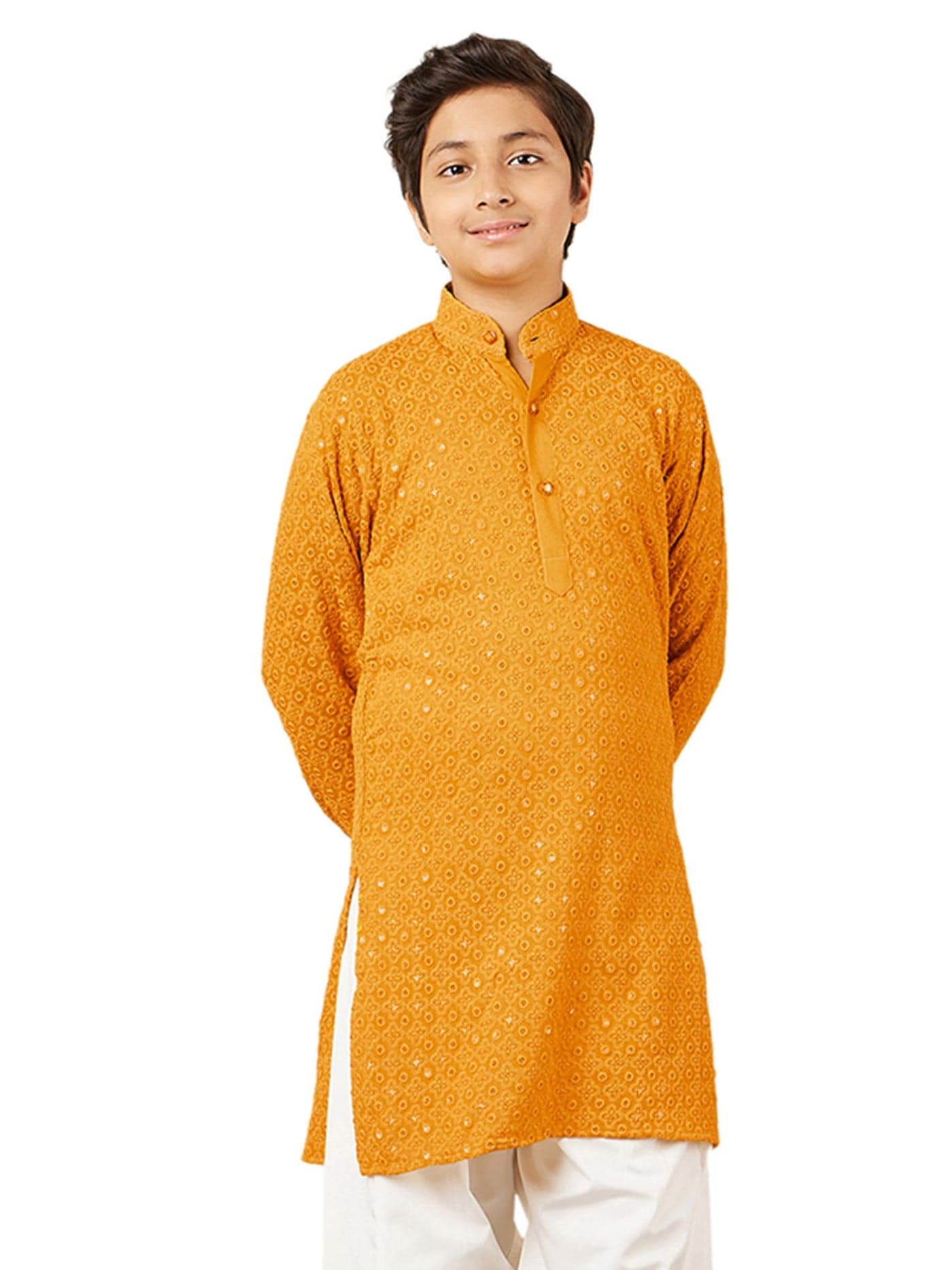 AJ DEZINES Kids Cotton Full Sleeve Sequined Yellow Kurta for Boys - Ethnic wear | Special Occasion & Party Outfit | Chikankari Kurta for Boys - Regular Fit