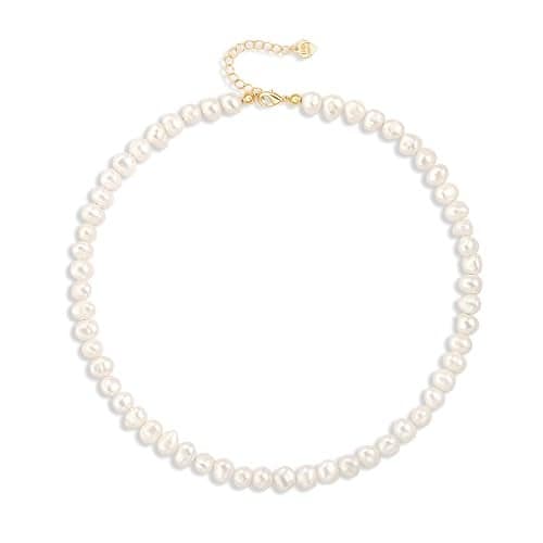 Aobei Pearl Freshwater Cultured Baroque Pearl Choker Necklace for Women Adjustable White Seed Pearl Beaded Strand Necklace 18K Gold Layered Jewelry 16”