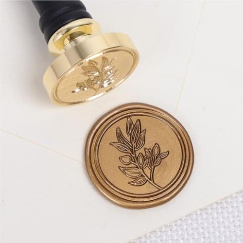 UNIQOOO Olive Branch Wax Seal Stamp Flowers Botanical Theme Vintage Brass Stamp Head with Wood Handle for Wedding Invitation Gift Wrap Envelopes Christmas Card