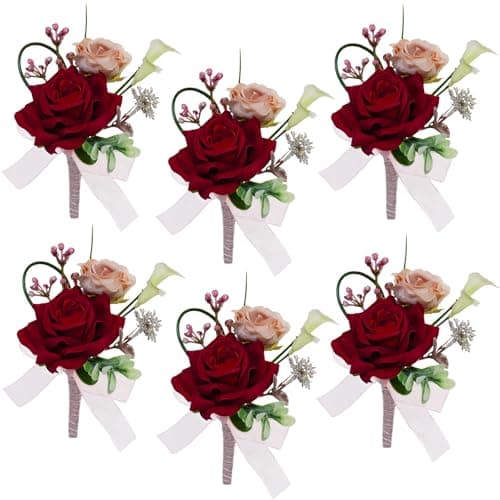 AuroraAria Red Boutonniere for Men,Set of 6,Groom Boutonniere for Wedding,Anniversary,Homecoming,Formal Dinner Party,Wedding Decor,Artificial Red Rose