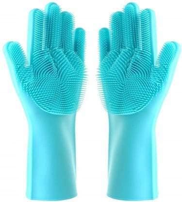 Portible Scrub Cleaning Gloves with Scrubber for Dishwashing and Pet Grooming Great for Washing Dish Magic Silicone Premium Rubber Hand Gloves Pack Of 1