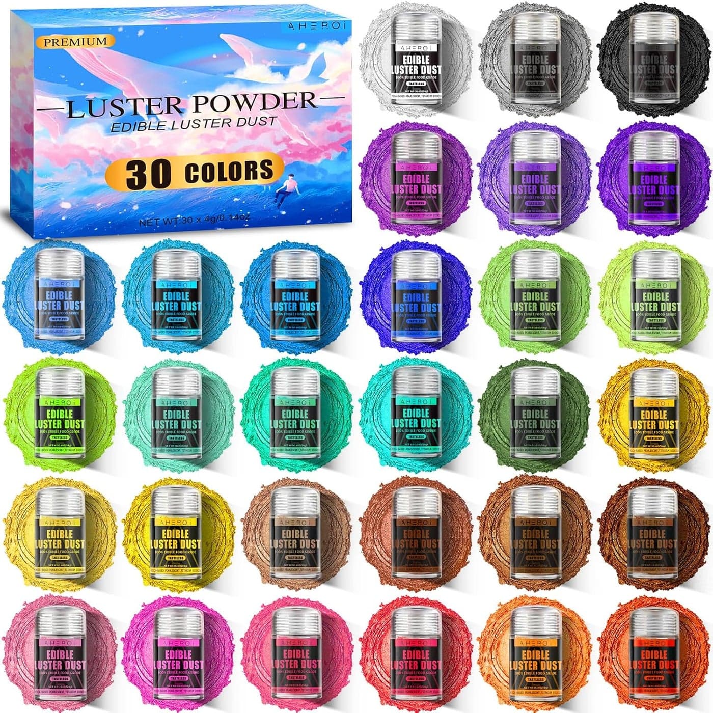 Aheroi 30 Colors Edible Luster Dust Glitter Pack for Food and Drink Decoration