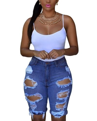 roswear Women's Ripped Denim Mid Rise Stretchy Bermuda Shorts Jeans Denim 2XL