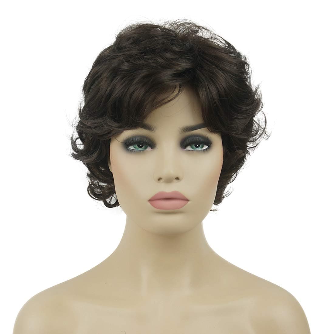 Lydell Womens Short Wavy Curly Wig Synthetic Hair Full Wig 6 inches Chestnut Brown