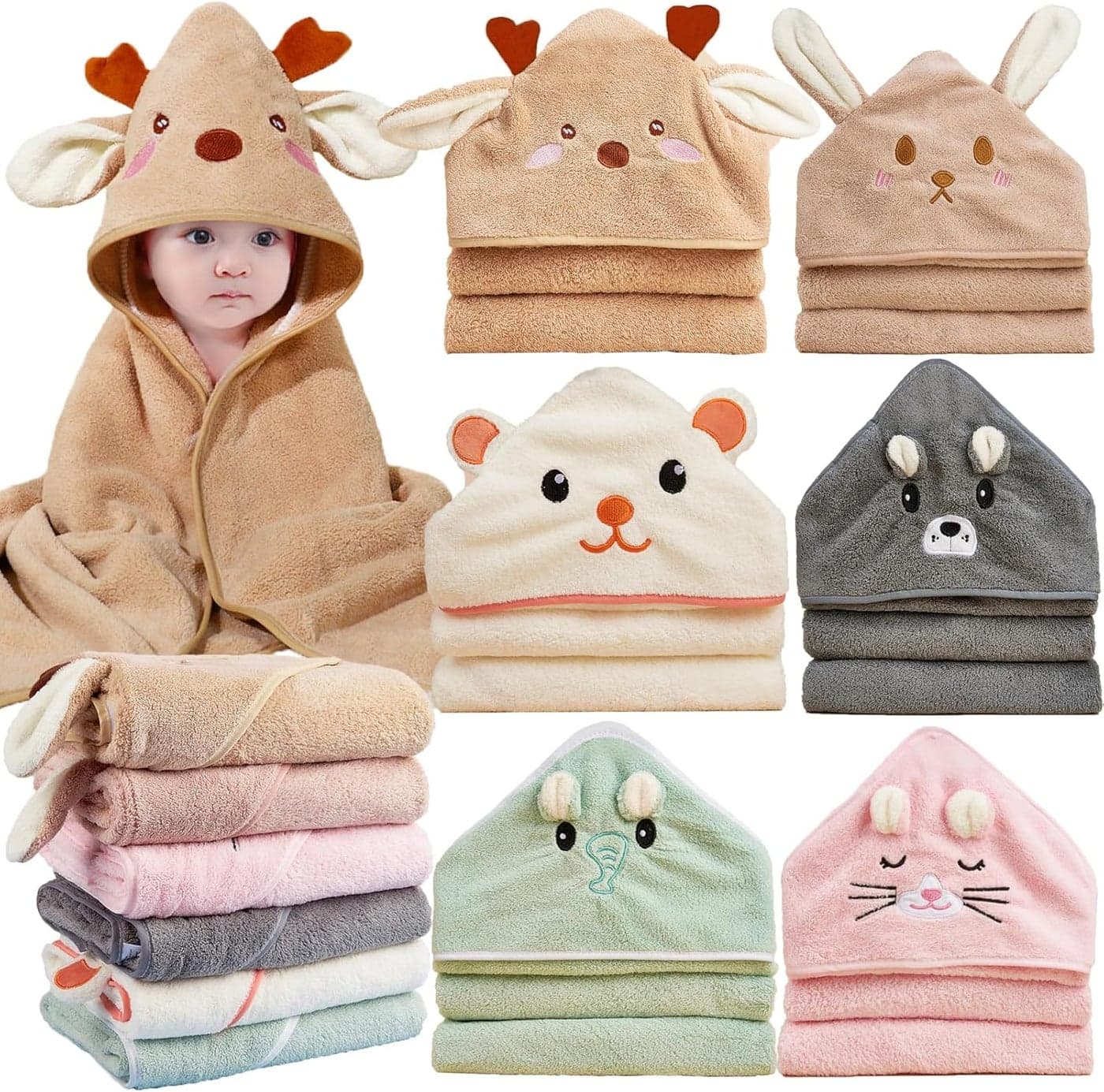 6pack Hooded Baby Towels Premium Ultra Soft Absorbent Coral Fleece Baby Bath Towel for Newborns Toddlers and Kids 32x32 in Natural Baby Stuff Towel with Hood for Boy and Girl