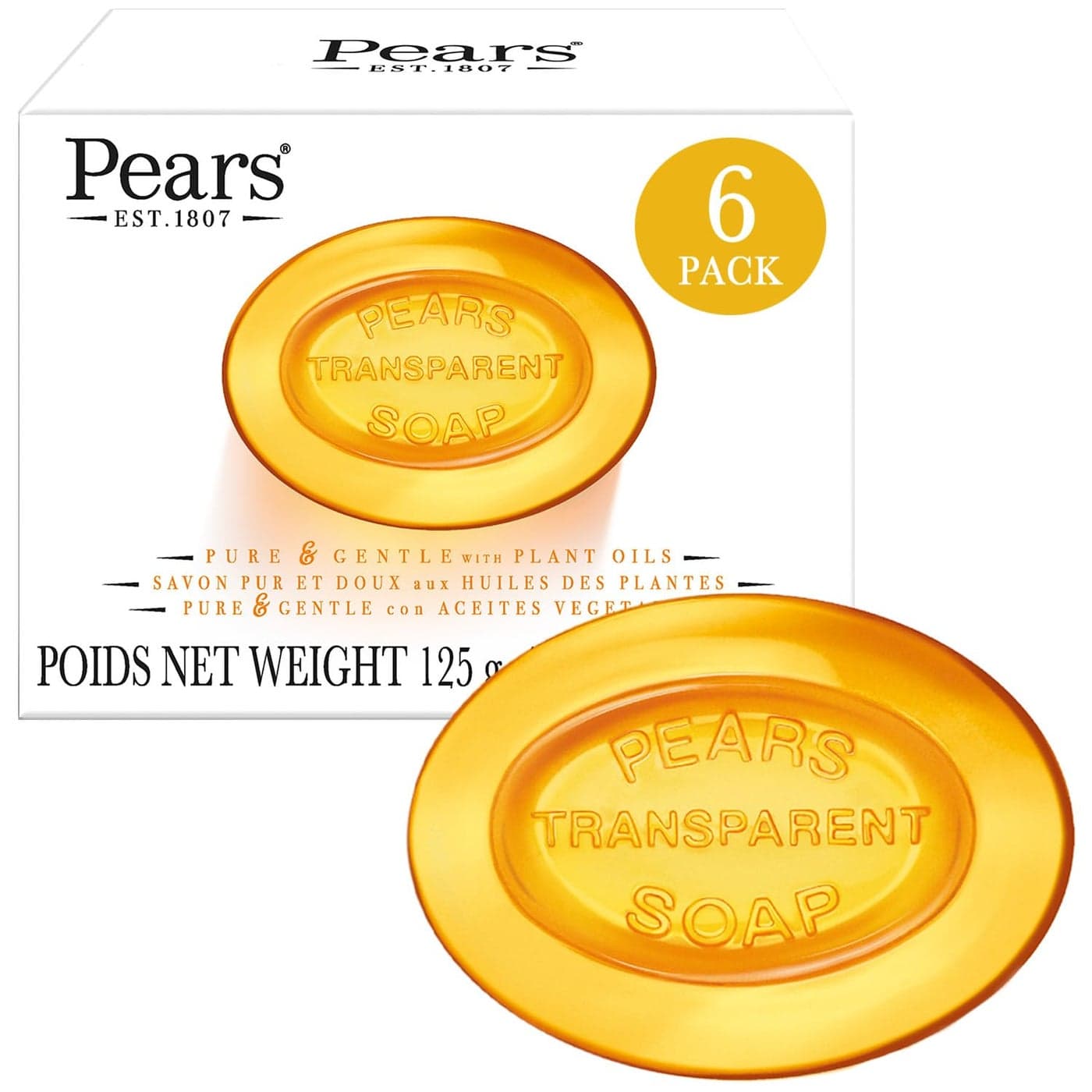 PEARS Glycerin Soap Transparent Amber with Natural Oils 6Pack Pure Gentle Cleanser for Soft Glowing Skin 44 Oz Ea