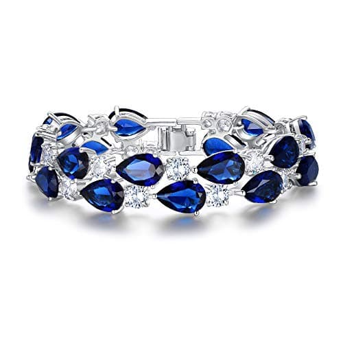 EVER FAITH Women's Prong Cubic Zirconia Vintage Style Dual Layer Tear Drop Bracelet Blue Silver-Plated-Brass