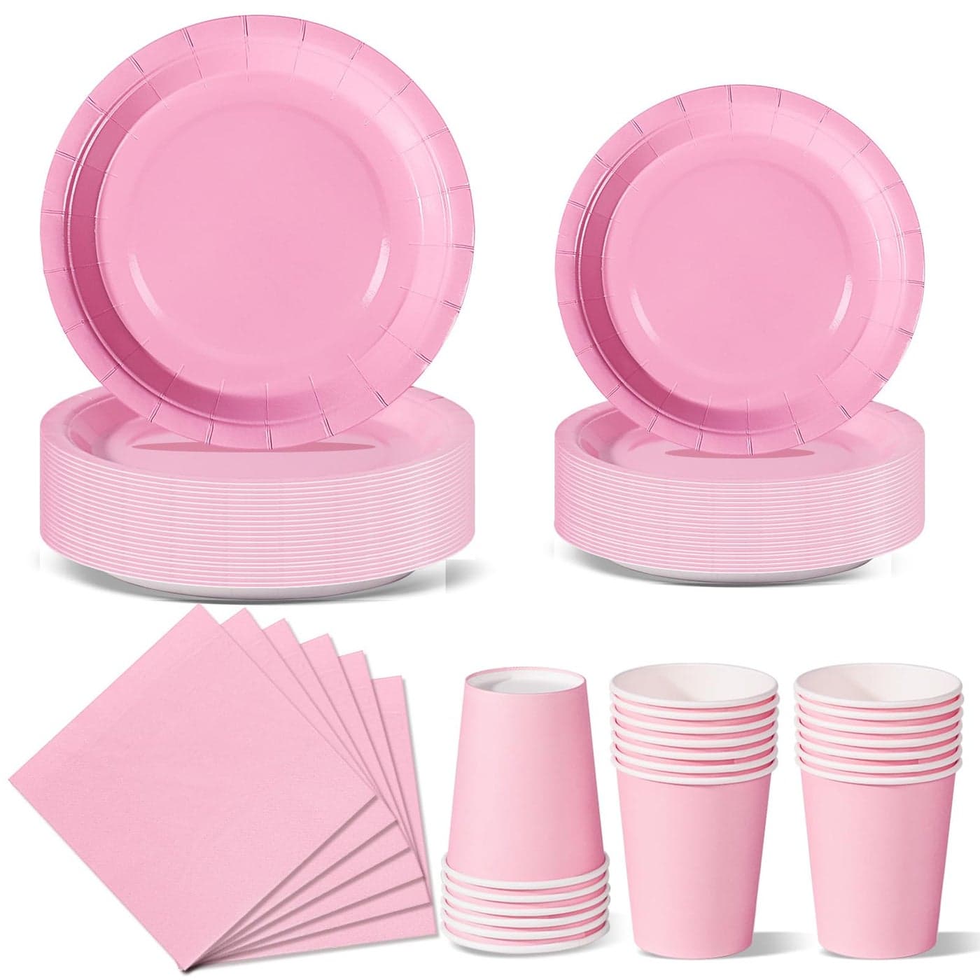 Nkaiso Light Pink Party Tableware 96 Piece Set with Solid Color Paper Plates Cups and Napkins for Birthday Parties