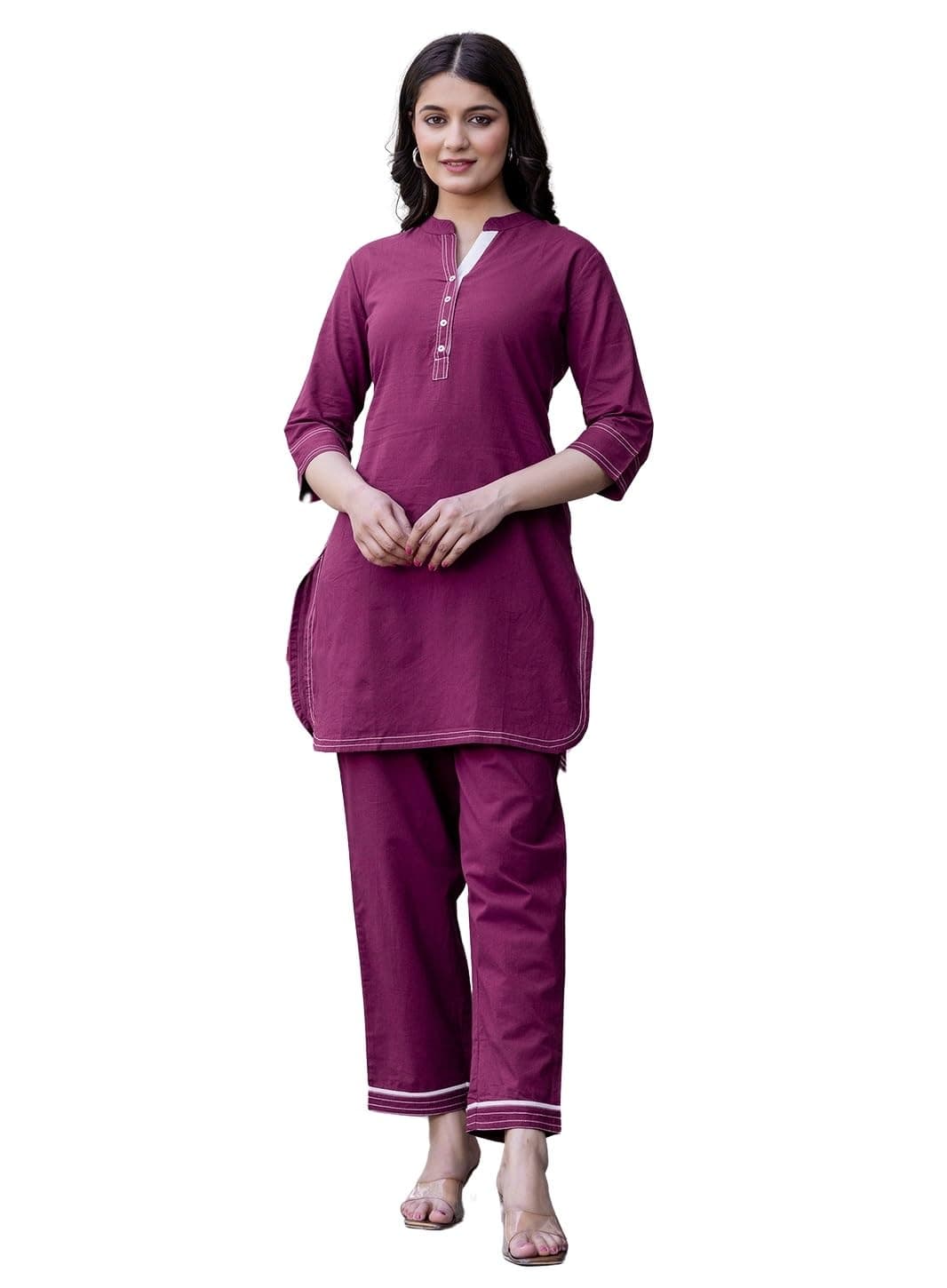 Pistaa's Women Pure Cotton Regular Solid Co-ord Set (Wine, X-Large)
