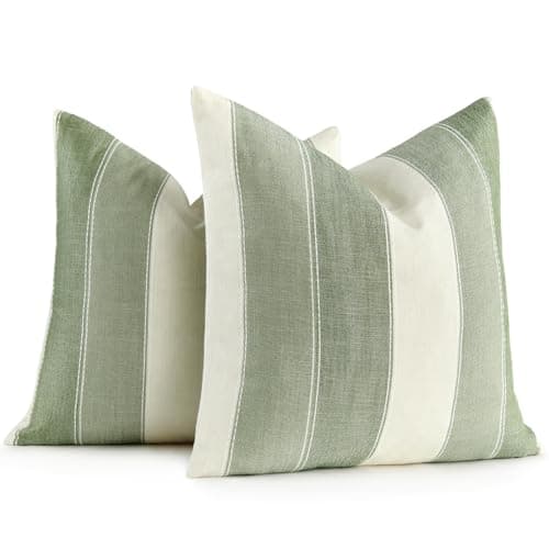 AmHoo Pack of 2 Farmhouse Stripe Check Throw Pillow Covers Set Case Cotton Linen Decorative Pillowcases Cushion Cover for Couch Bench Sofa 24x24 Inch Sage Green