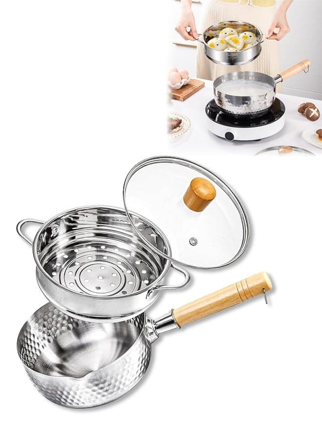 Stainless Steel Milk Pan,Non-Stick Sauce Pan,Soup Pot with Lid and Steamer,Versatile Sauce Pan,Easy to Clean,Rust-Resistant,with Hook,Compatible with All Cooktops,for Boiling, Stewing, Frying, Stir-Frying