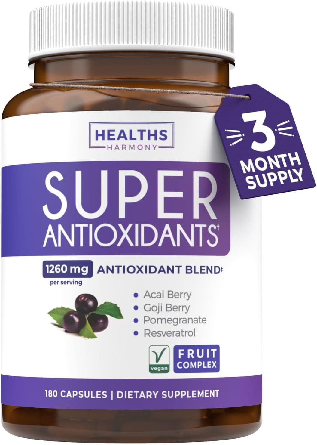 Super Antioxidants Supplement Powerful Super Food Antioxidant Daily Blend Acai Berry Goji Pomegranate Trans Resveratrol Herbal and Fruit Formula For Women and Men Skin Care 180 Capsules