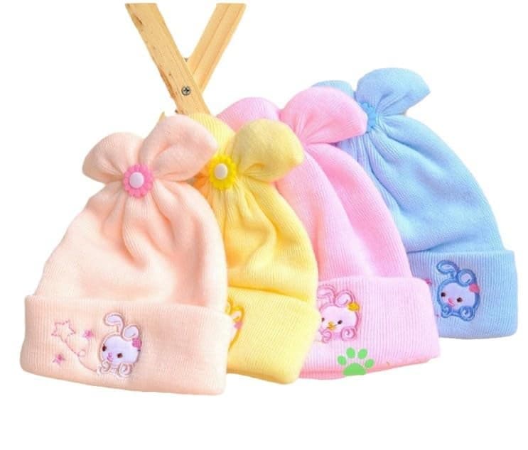 Baby Beanie Caps with Rabbit Design, Soft Knit Winter Hats for Newborns, 4-Pack, Pastel Colours Red