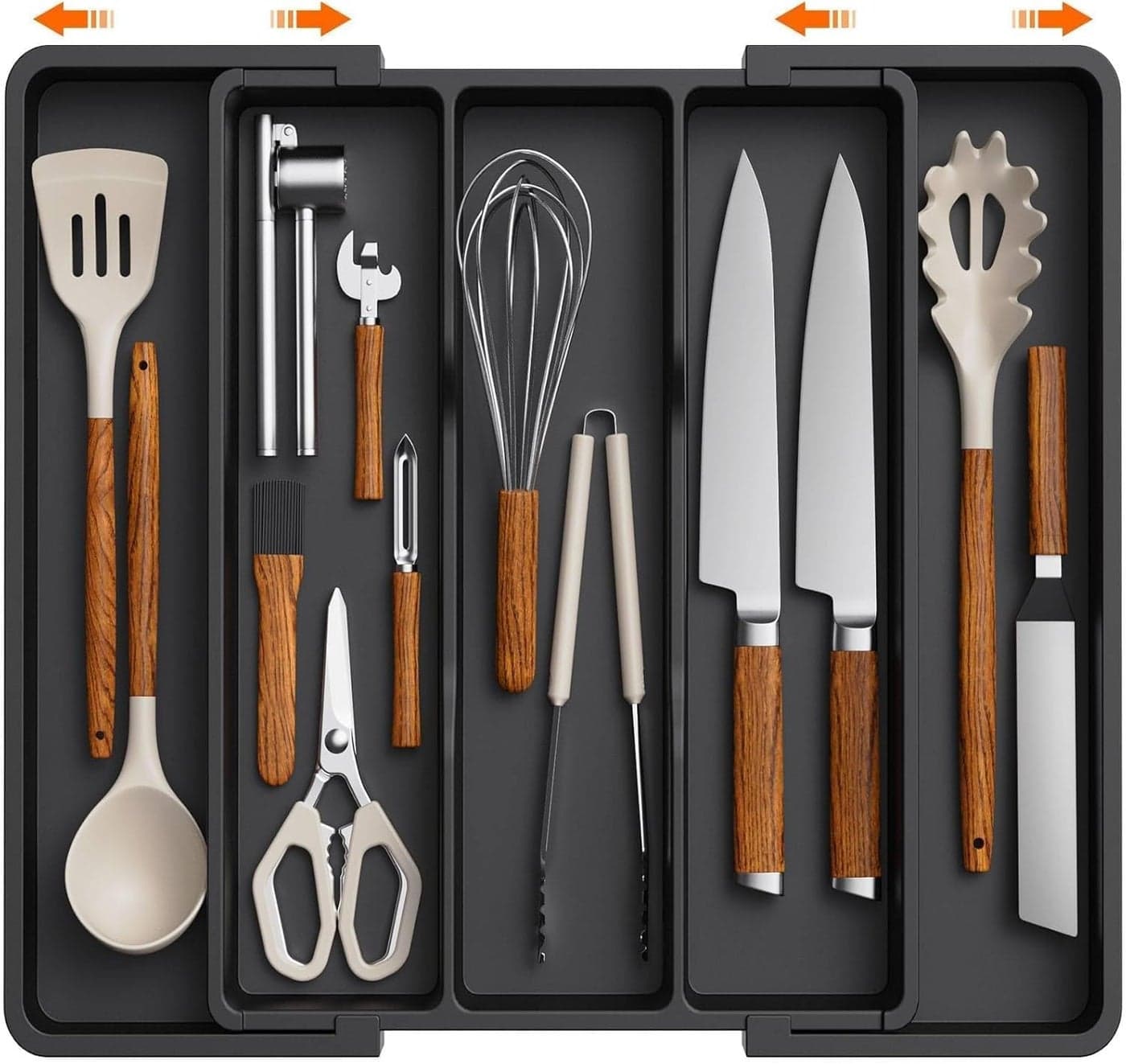 TAZLYN Polypropylene Expandable Cutlery Utensils Tray, Adjustable Multipurpose Storage for Spoons, Forks, Knives, Large (Black) - 8 Compartments, Minimalist Style, Kitchen Drawer Organizer