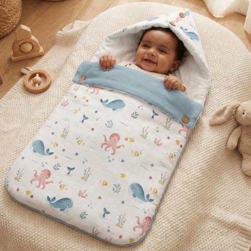 Haus and Kinder 3 in 1 Baby Sleeping Bag and Carry Nest | Cotton Bedding Set for Infants and New Born Baby | Portable and Travel Friendly Carrier Nest | 0-6 Months (Vitamin Sea)